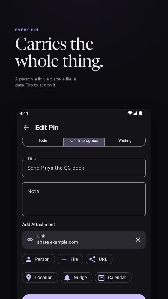 A pin open in the editor with a link attachment and the attachment palette